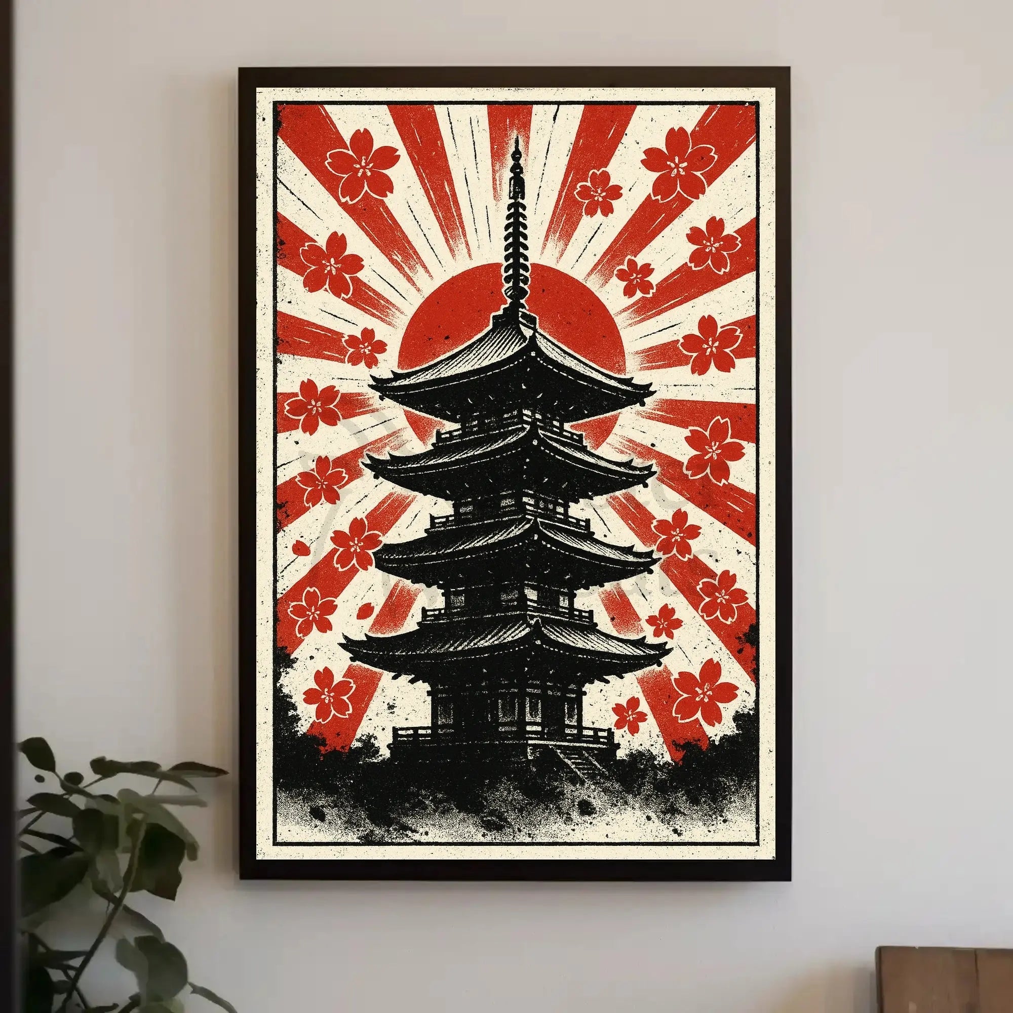 Stylized Japanese pagoda and cherry blossoms cultural heritage poster PosterGoat