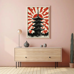 Stylized Japanese pagoda and cherry blossoms cultural heritage poster PosterGoat
