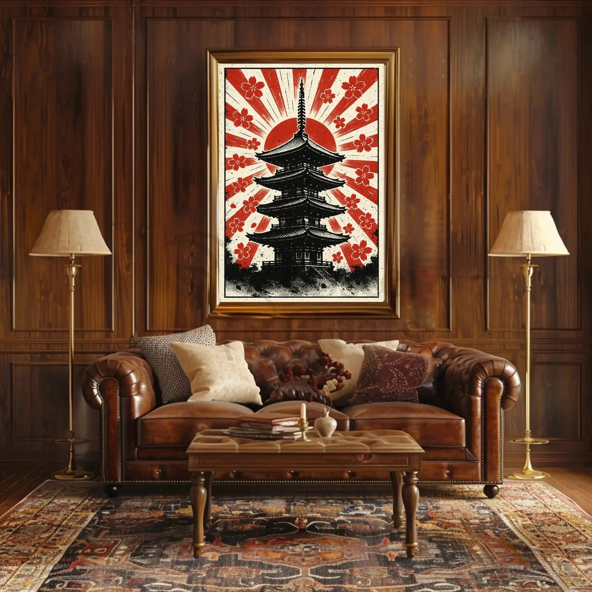 Stylized Japanese pagoda and cherry blossoms cultural heritage poster PosterGoat