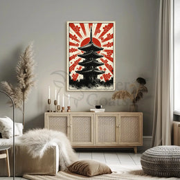 Stylized Japanese pagoda and cherry blossoms cultural heritage poster PosterGoat