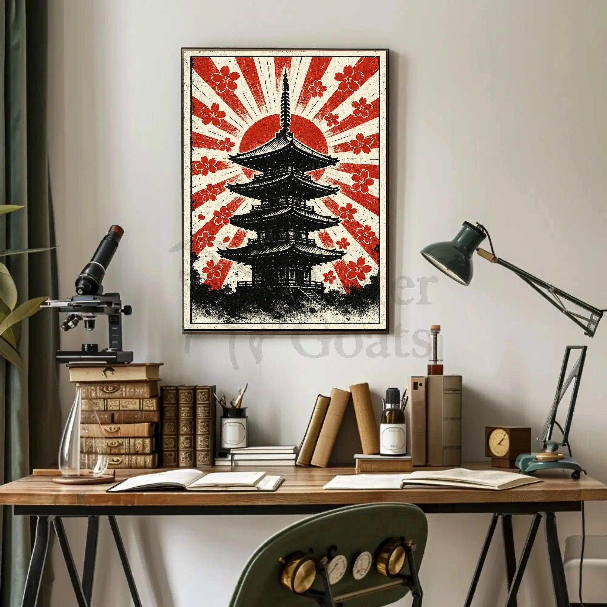 Stylized Japanese pagoda and cherry blossoms cultural heritage poster PosterGoat