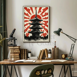 Stylized Japanese pagoda and cherry blossoms cultural heritage poster PosterGoat