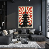 Stylized Japanese pagoda and cherry blossoms cultural heritage poster PosterGoat