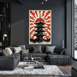 Stylized Japanese pagoda and cherry blossoms cultural heritage poster PosterGoat