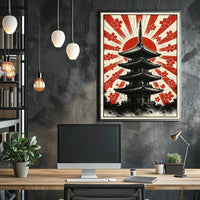 Stylized Japanese pagoda and cherry blossoms cultural heritage poster PosterGoat