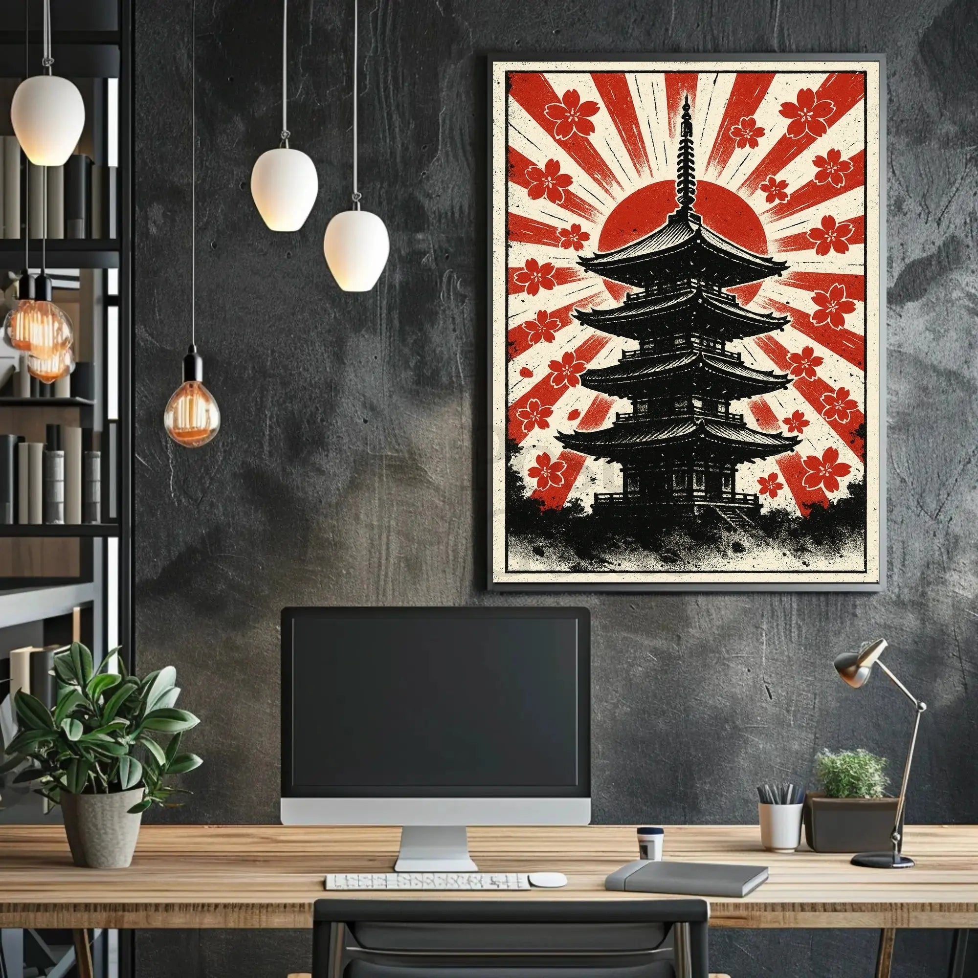 Stylized Japanese pagoda and cherry blossoms cultural heritage poster PosterGoat