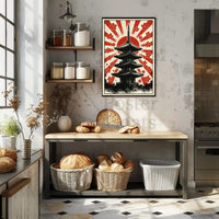 Stylized Japanese pagoda and cherry blossoms cultural heritage poster PosterGoat