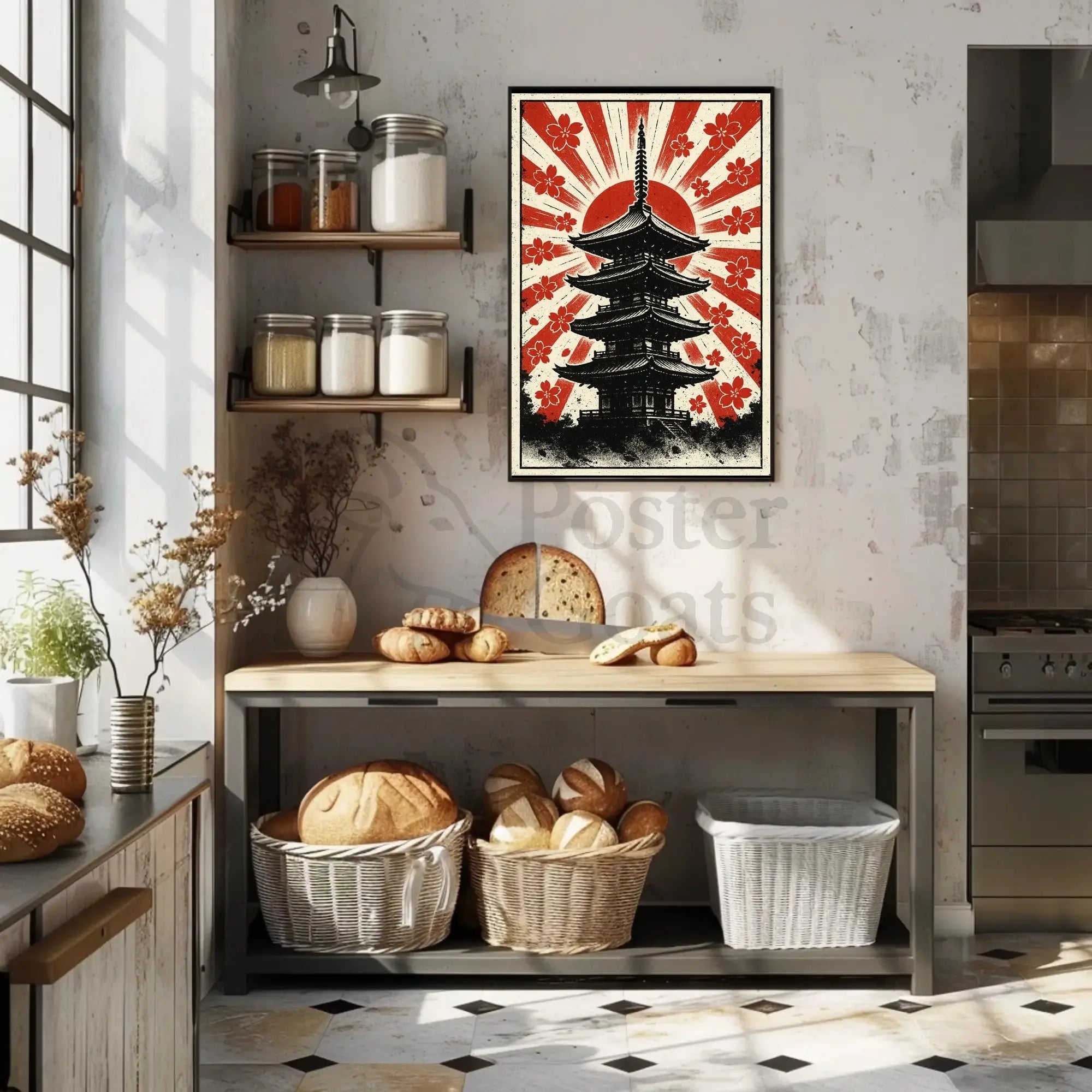 Stylized Japanese pagoda and cherry blossoms cultural heritage poster PosterGoat