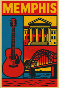 Stylized Memphis Music and Landmarks Vintage Travel Poster PosterGoat