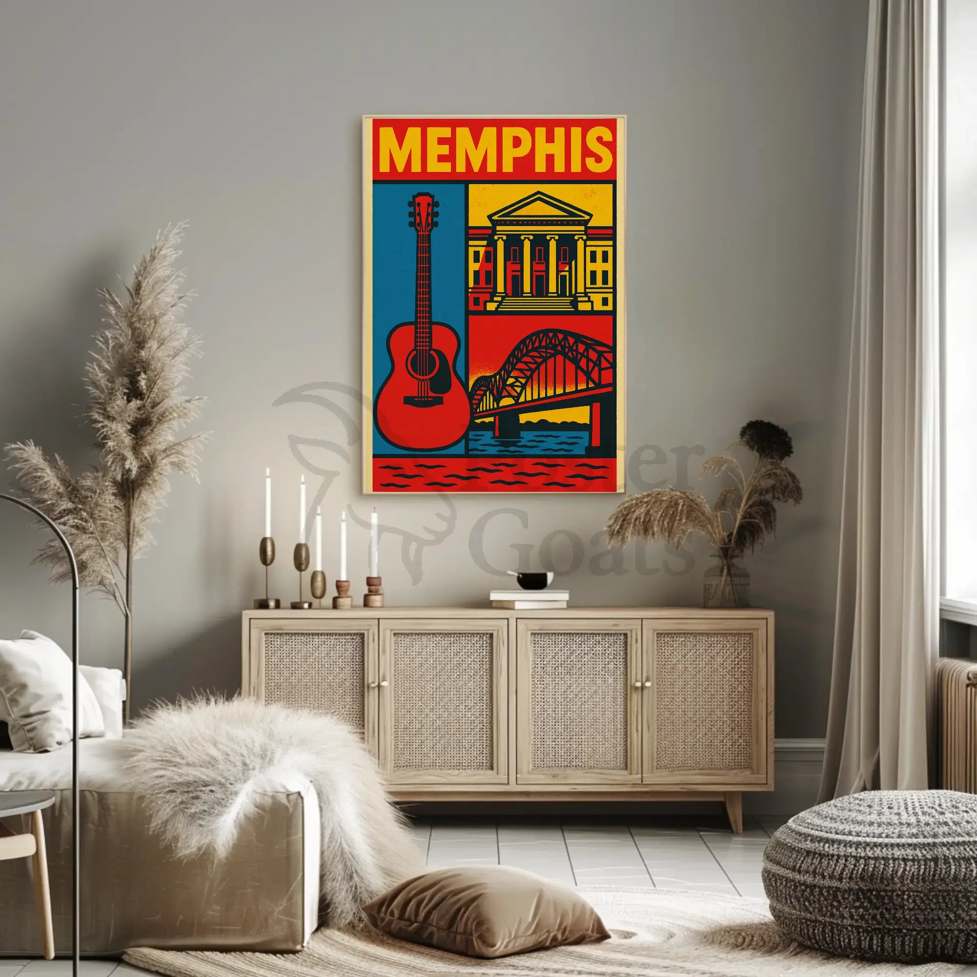 Stylized Memphis Music and Landmarks Vintage Travel Poster PosterGoat