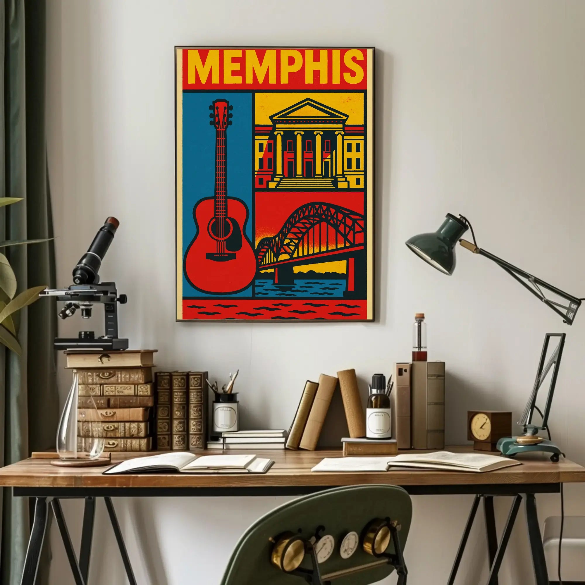 Stylized Memphis Music and Landmarks Vintage Travel Poster PosterGoat