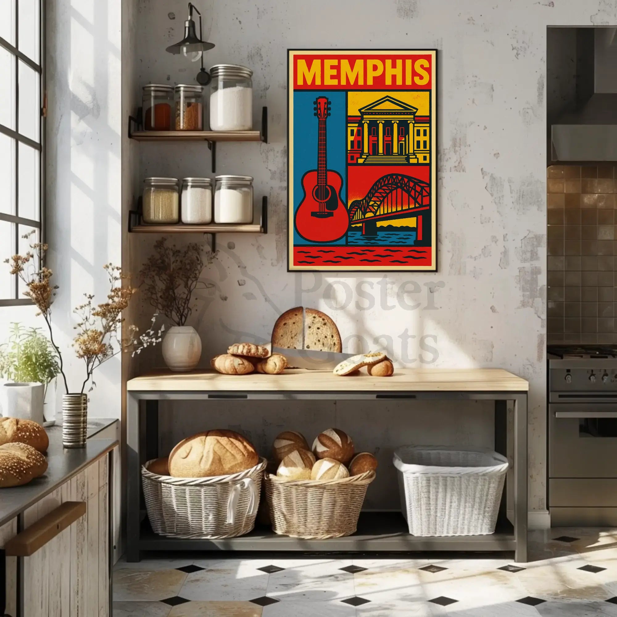 Stylized Memphis Music and Landmarks Vintage Travel Poster PosterGoat