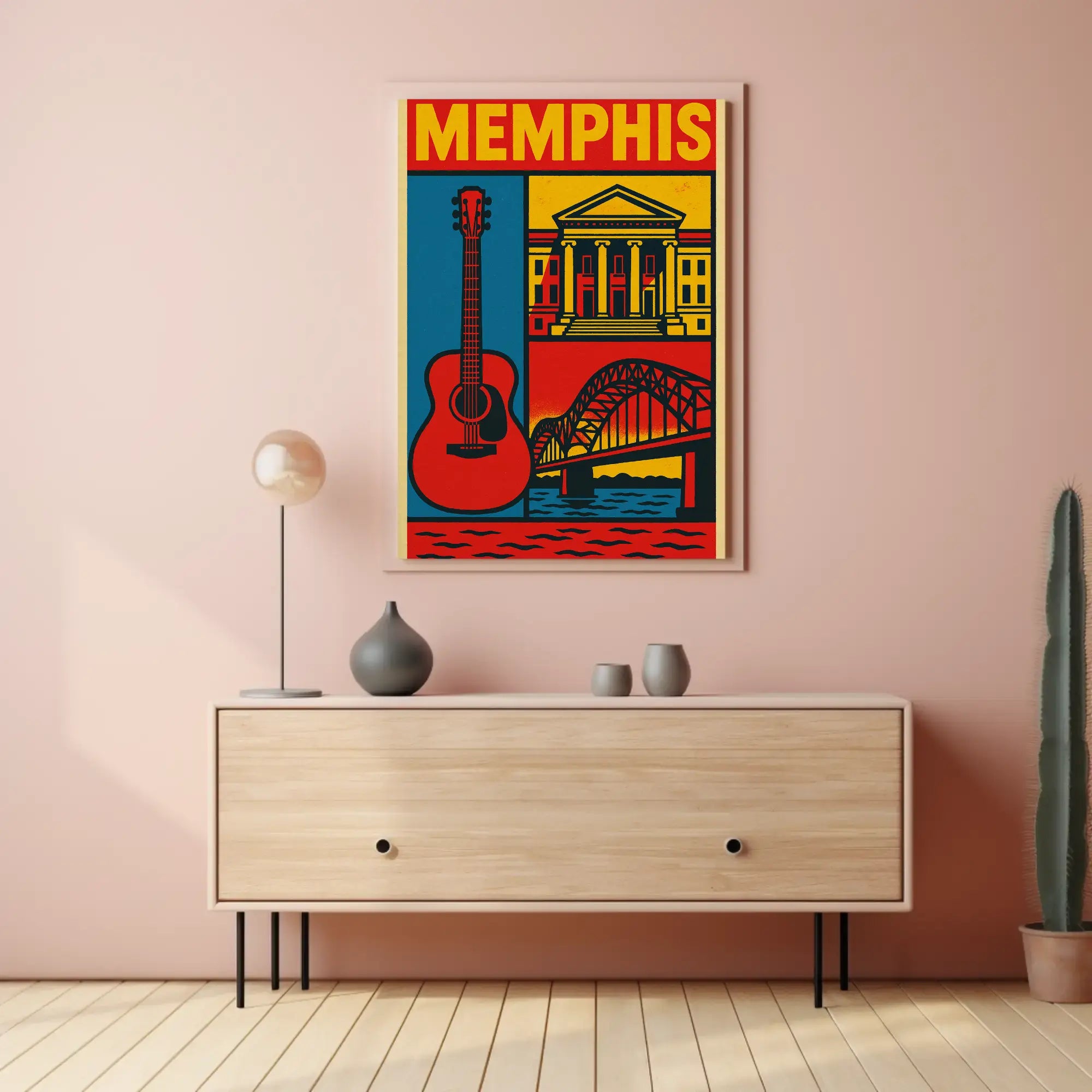 Stylized Memphis Music and Landmarks Vintage Travel Poster PosterGoat
