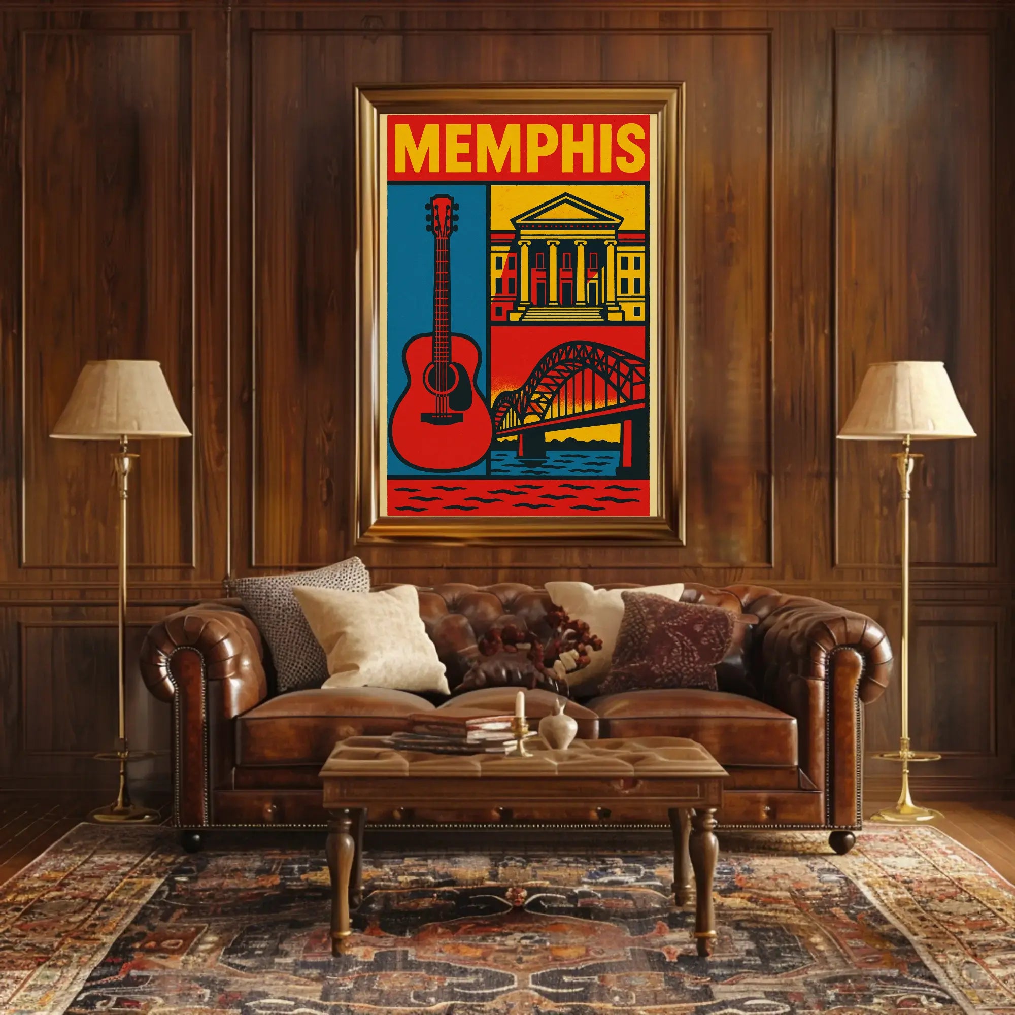 Stylized Memphis Music and Landmarks Vintage Travel Poster PosterGoat
