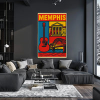 Stylized Memphis Music and Landmarks Vintage Travel Poster PosterGoat
