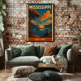 Stylized Mississippi Riverboat Vintage Travel Poster PosterGoat