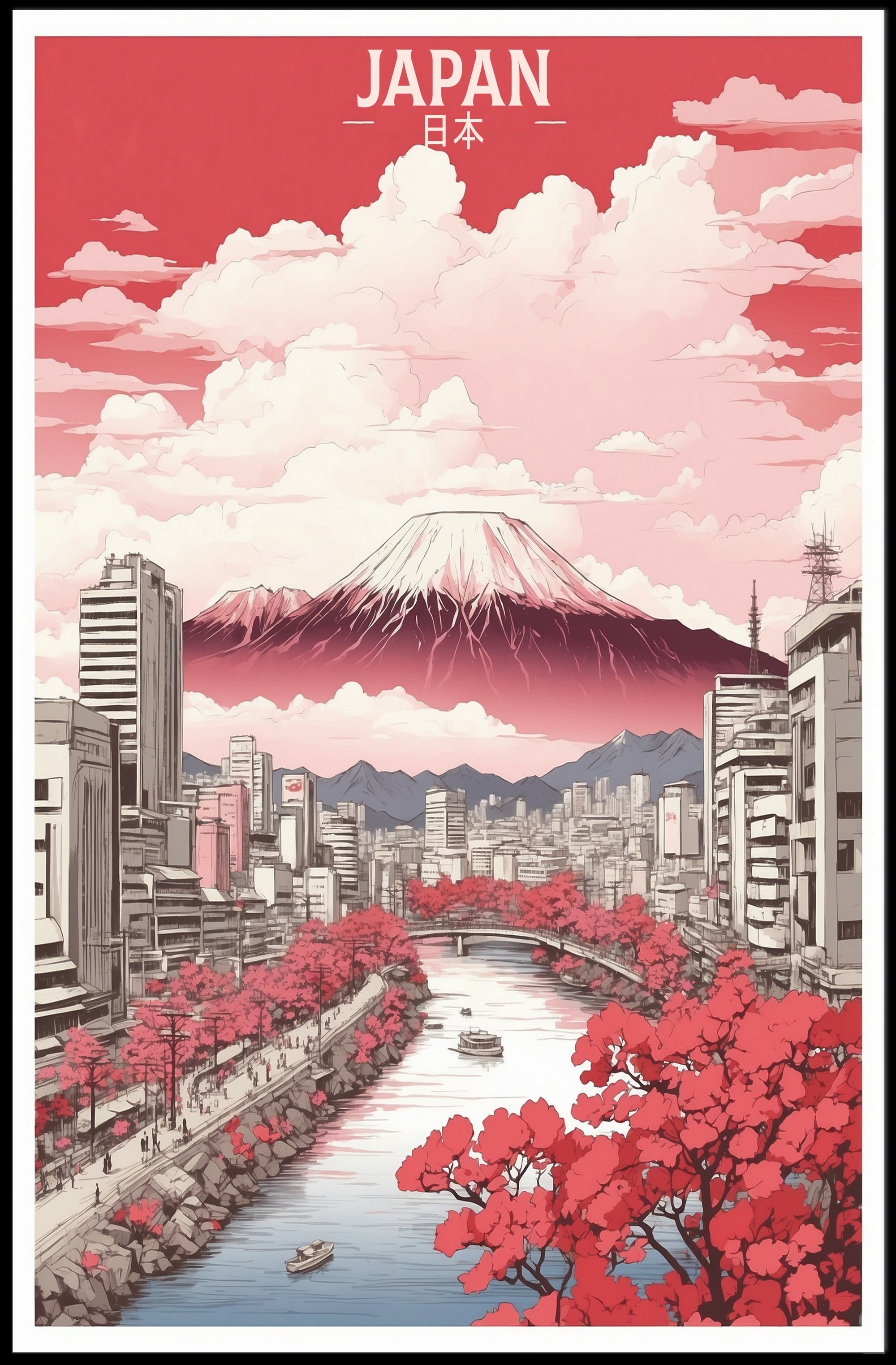 Stylized Mount Fuji in Bloom Urban Cityscape Poster PosterGoat