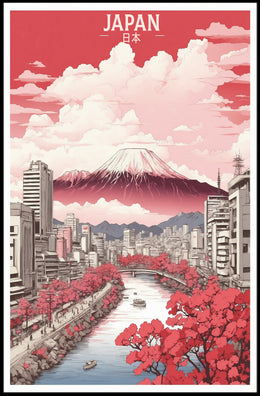 Stylized Mount Fuji in Bloom Urban Cityscape Poster PosterGoat