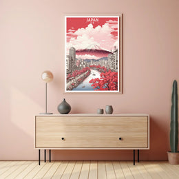 Stylized Mount Fuji in Bloom Urban Cityscape Poster PosterGoat