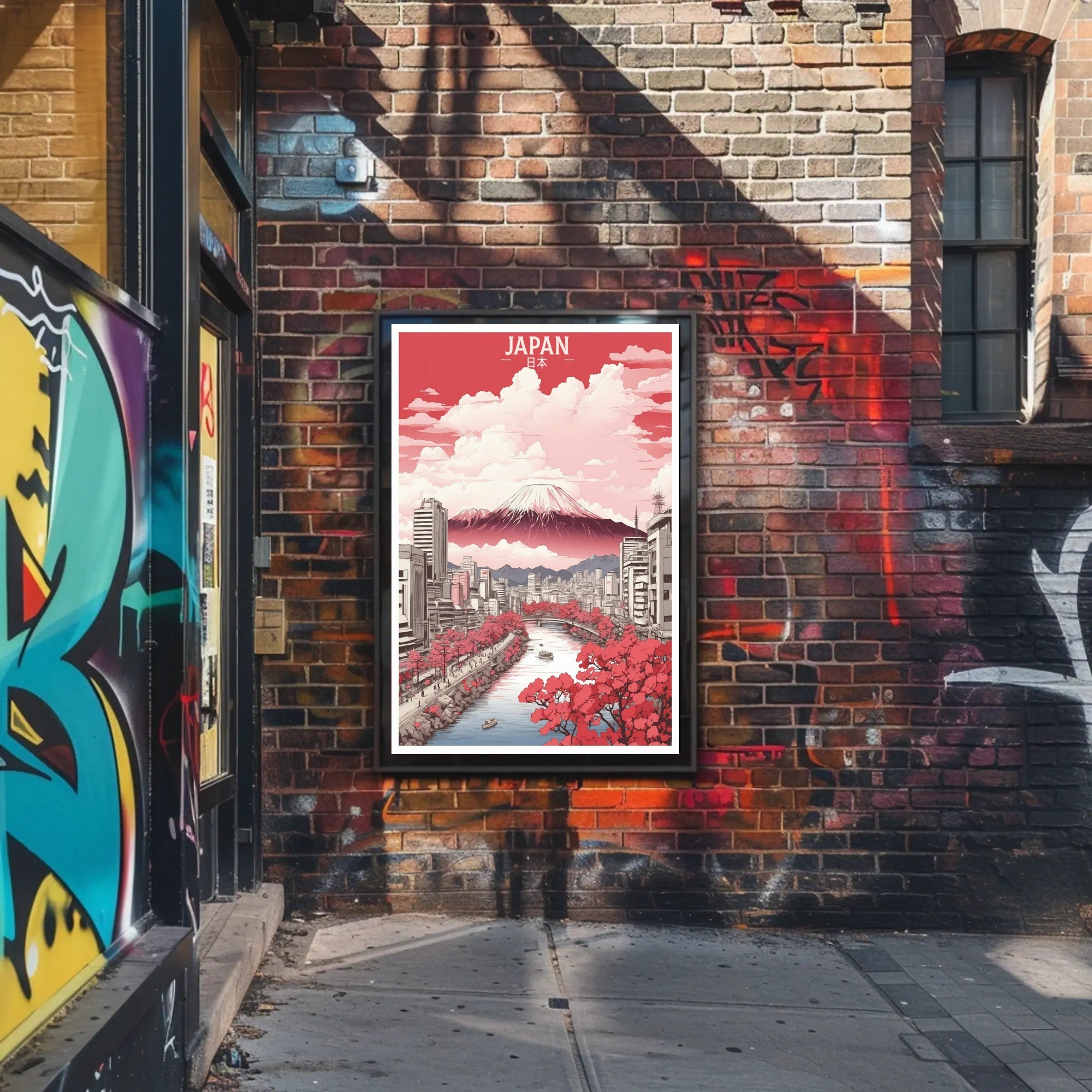Stylized Mount Fuji in Bloom Urban Cityscape Poster PosterGoat