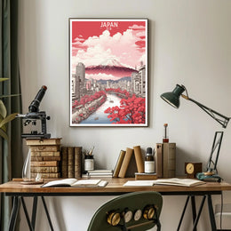 Stylized Mount Fuji in Bloom Urban Cityscape Poster PosterGoat