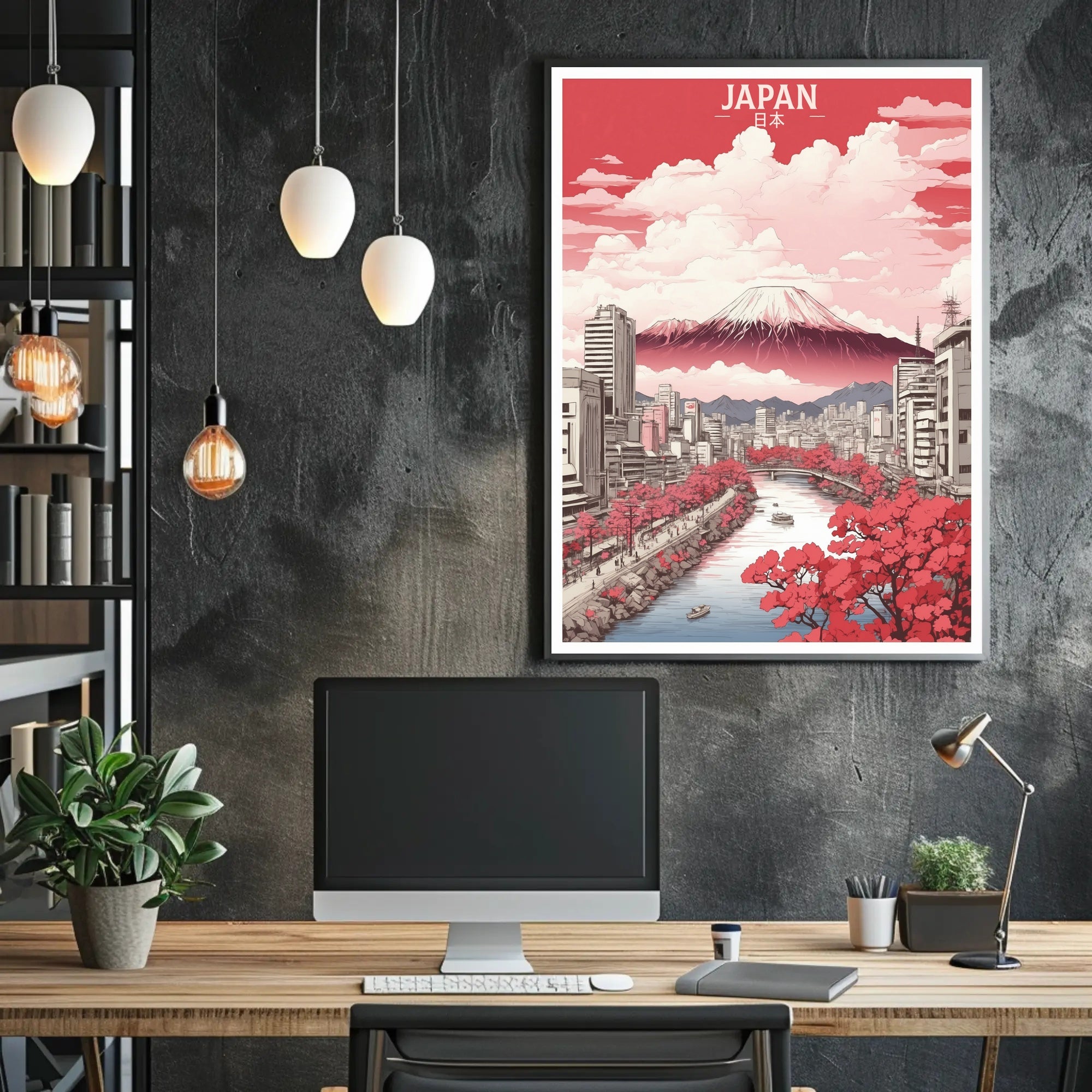Stylized Mount Fuji in Bloom Urban Cityscape Poster PosterGoat