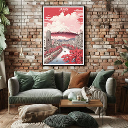 Stylized Mount Fuji in Bloom Urban Cityscape Poster PosterGoat