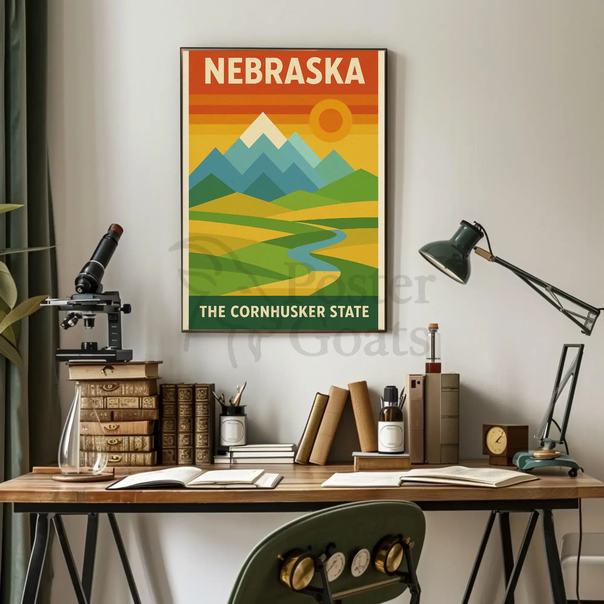 Stylized Nebraska Landscape Geometric Art Travel Poster PosterGoat