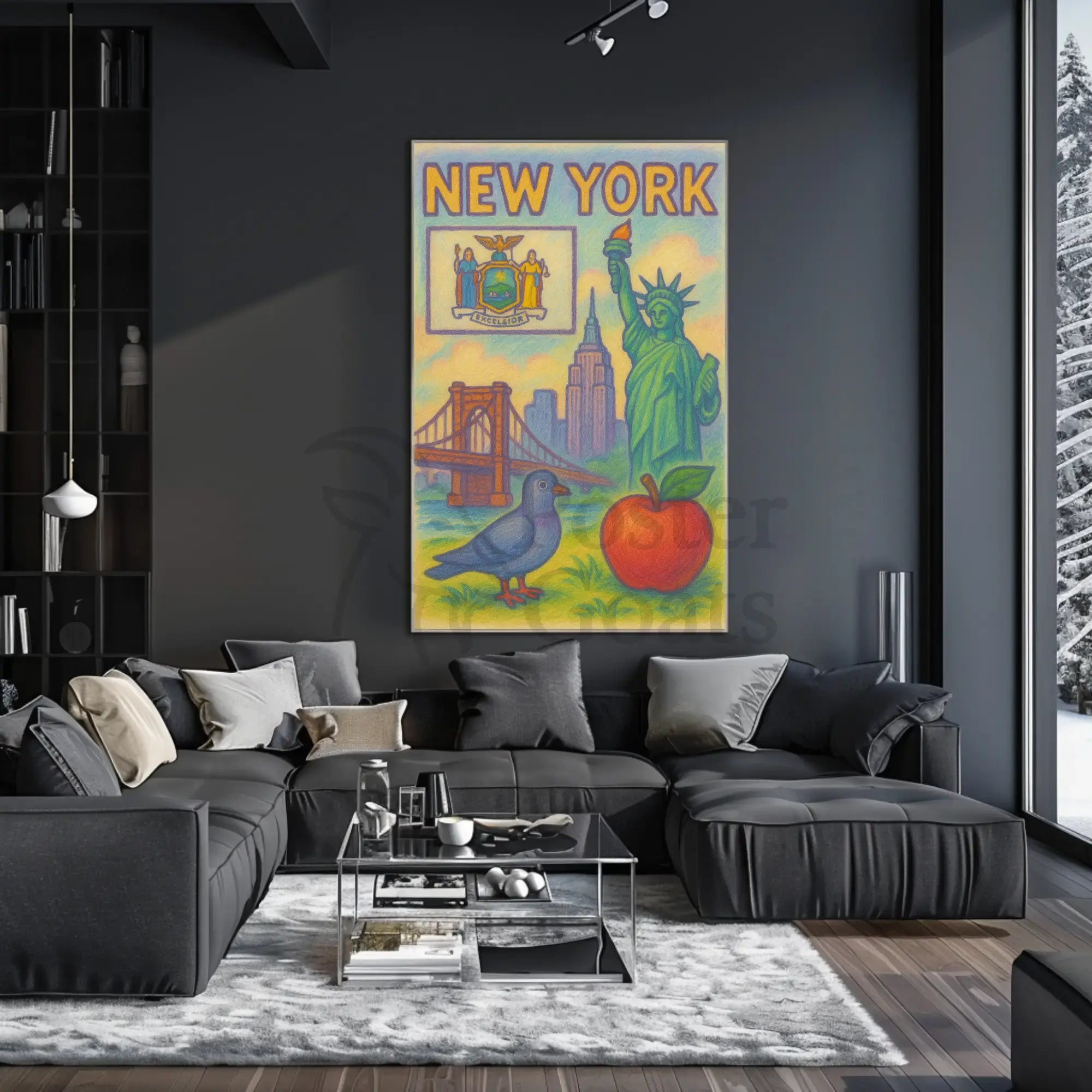Stylized New York Icons Celebration Travel Poster PosterGoat