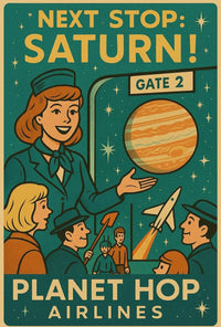 Stylized Retro Space Travel Poster to Saturn - Futuristic Sci-Fi Poster PosterGoat