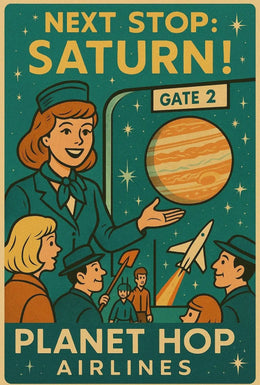 Stylized Retro Space Travel Poster to Saturn - Futuristic Sci-Fi Poster PosterGoat