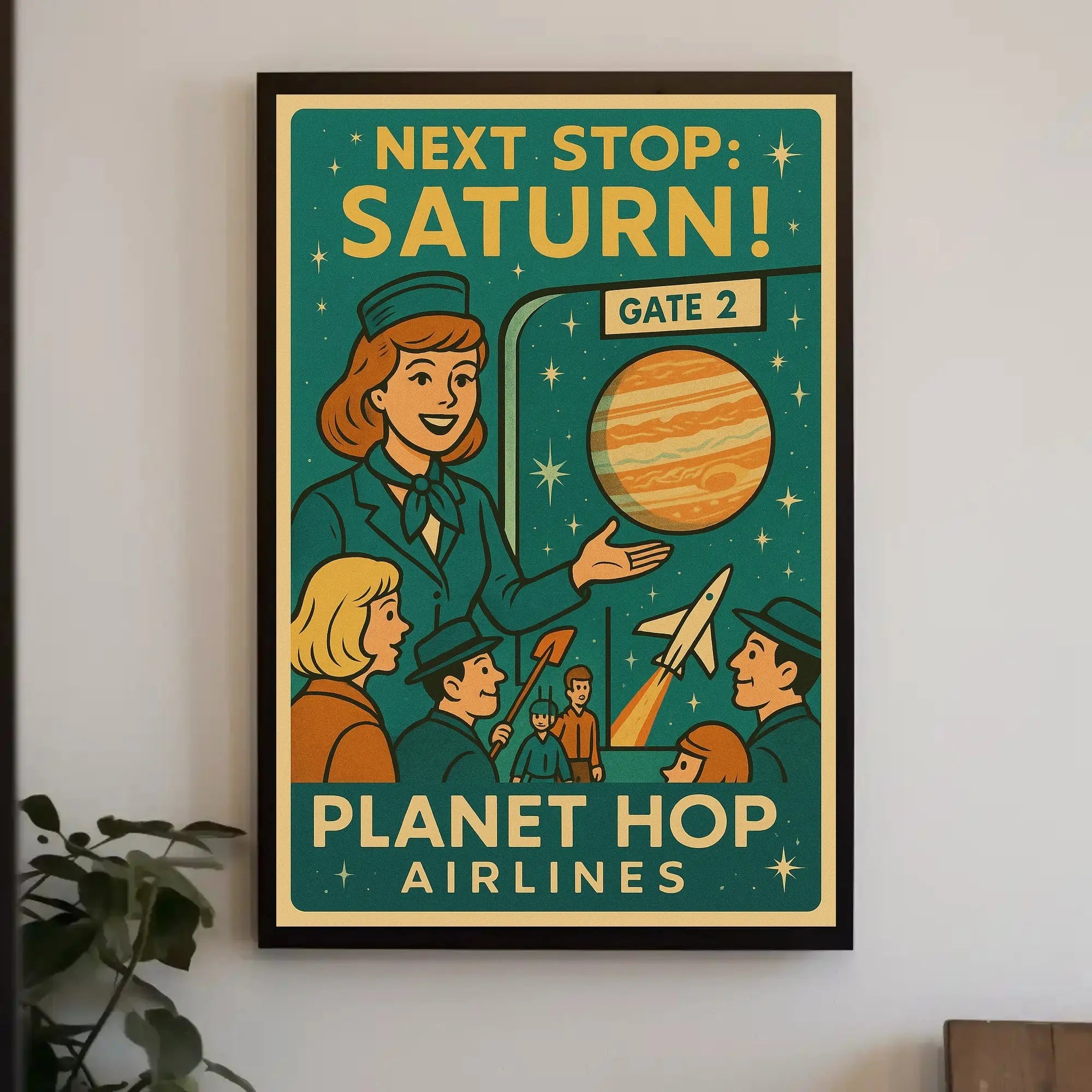 Stylized Retro Space Travel Poster to Saturn - Futuristic Sci-Fi Poster PosterGoat