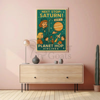 Stylized Retro Space Travel Poster to Saturn - Futuristic Sci-Fi Poster PosterGoat