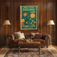 Stylized Retro Space Travel Poster to Saturn - Futuristic Sci-Fi Poster PosterGoat