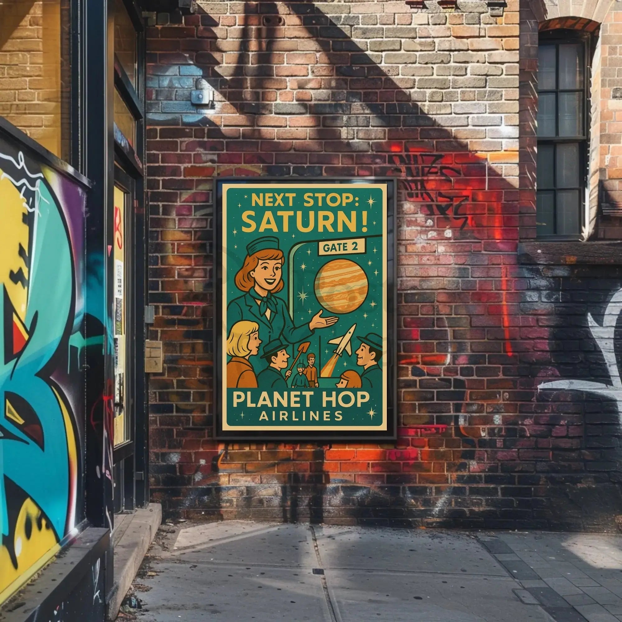 Stylized Retro Space Travel Poster to Saturn - Futuristic Sci-Fi Poster PosterGoat