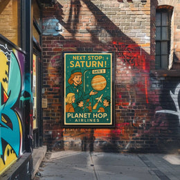 Stylized Retro Space Travel Poster to Saturn - Futuristic Sci-Fi Poster PosterGoat