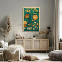 Stylized Retro Space Travel Poster to Saturn - Futuristic Sci-Fi Poster PosterGoat