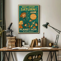 Stylized Retro Space Travel Poster to Saturn - Futuristic Sci-Fi Poster PosterGoat