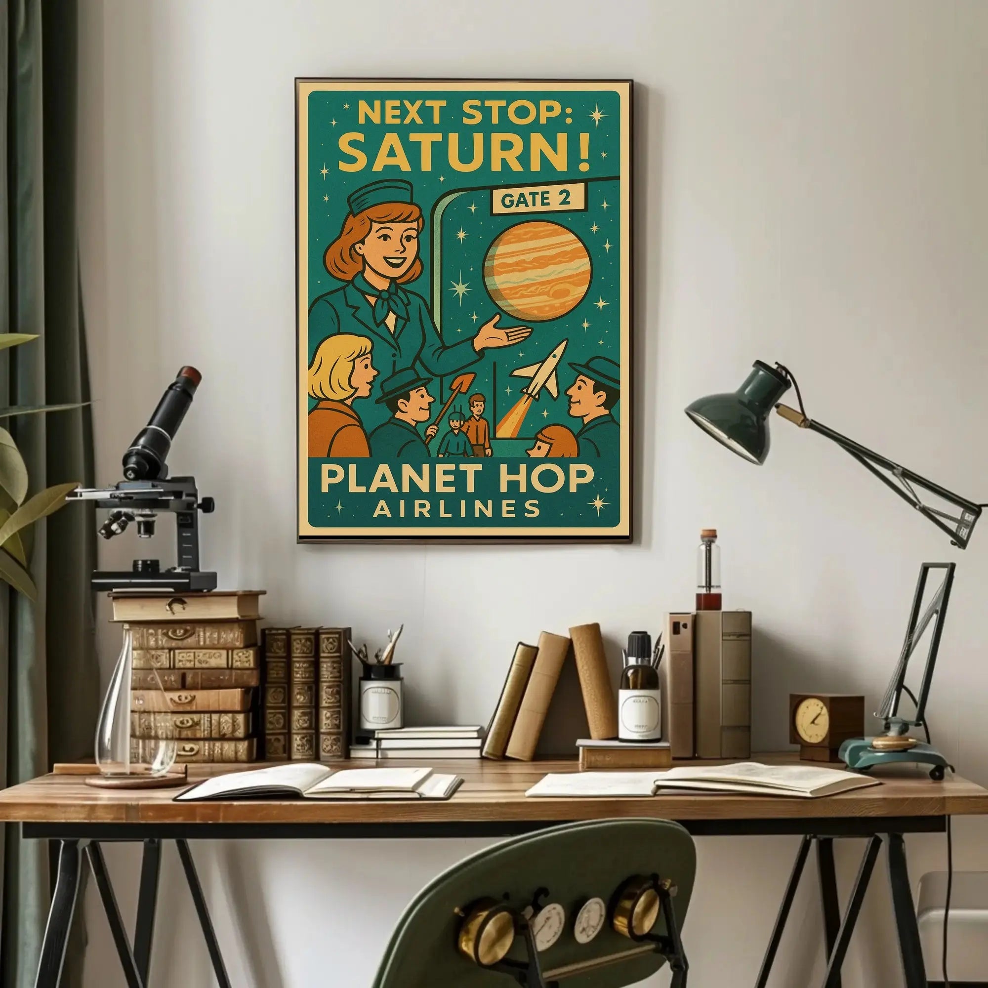 Stylized Retro Space Travel Poster to Saturn - Futuristic Sci-Fi Poster PosterGoat