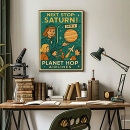Stylized Retro Space Travel Poster to Saturn - Futuristic Sci-Fi Poster PosterGoat