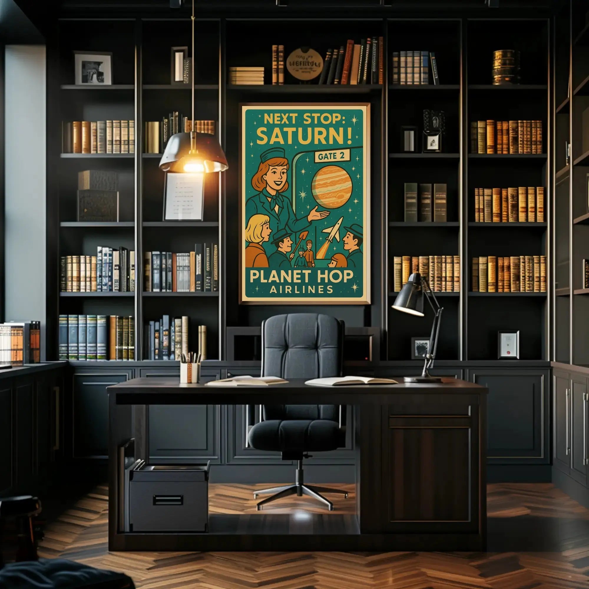 Stylized Retro Space Travel Poster to Saturn - Futuristic Sci-Fi Poster PosterGoat