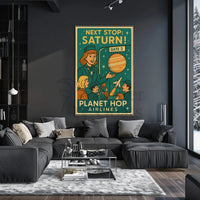 Stylized Retro Space Travel Poster to Saturn - Futuristic Sci-Fi Poster PosterGoat