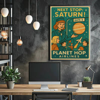 Stylized Retro Space Travel Poster to Saturn - Futuristic Sci-Fi Poster PosterGoat