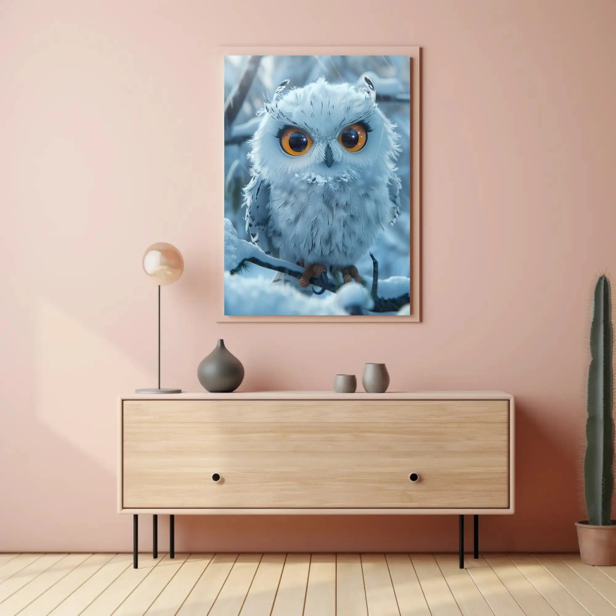 Stylized Snowy Owl on Branch Winter Animal Poster PosterGoat