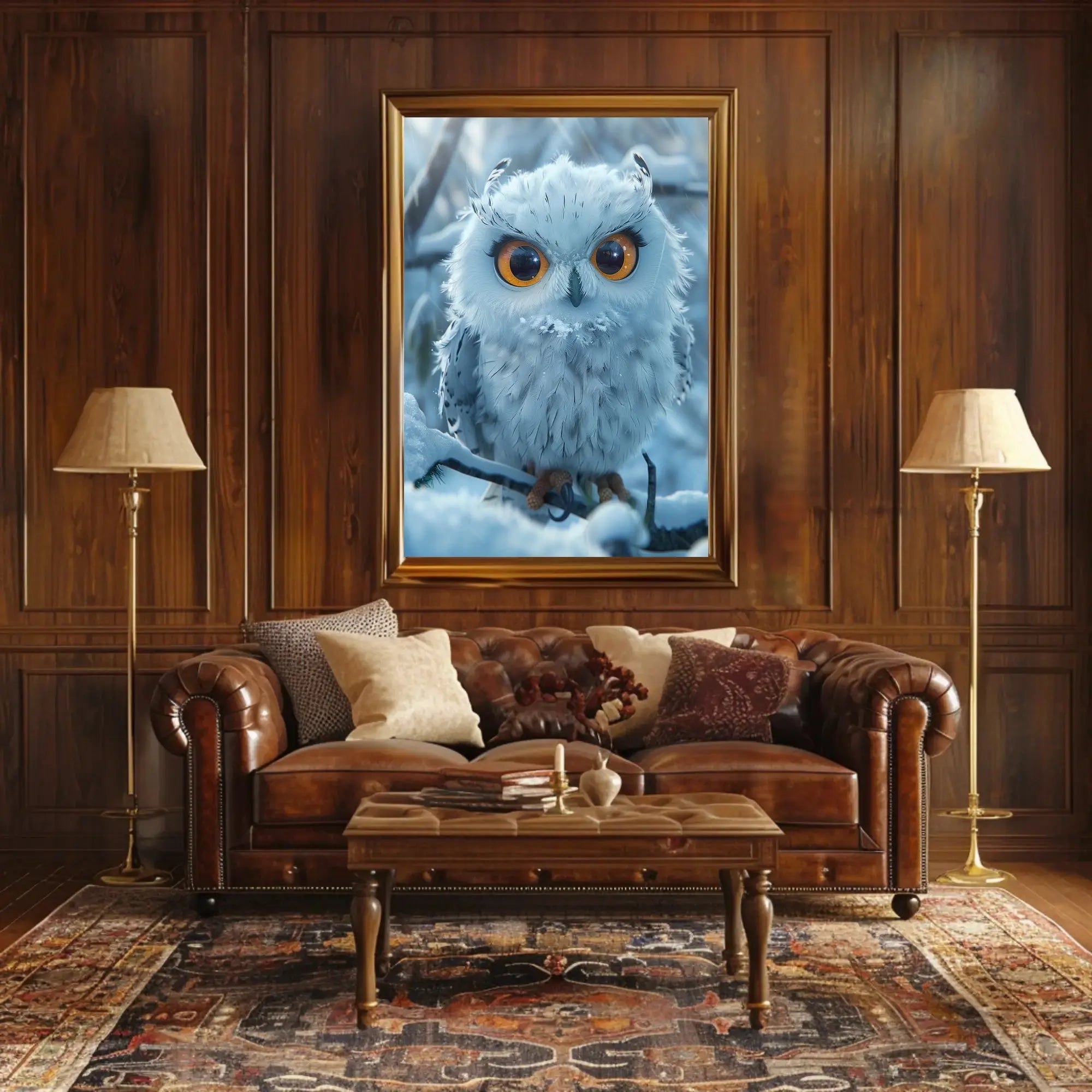 Stylized Snowy Owl on Branch Winter Animal Poster PosterGoat