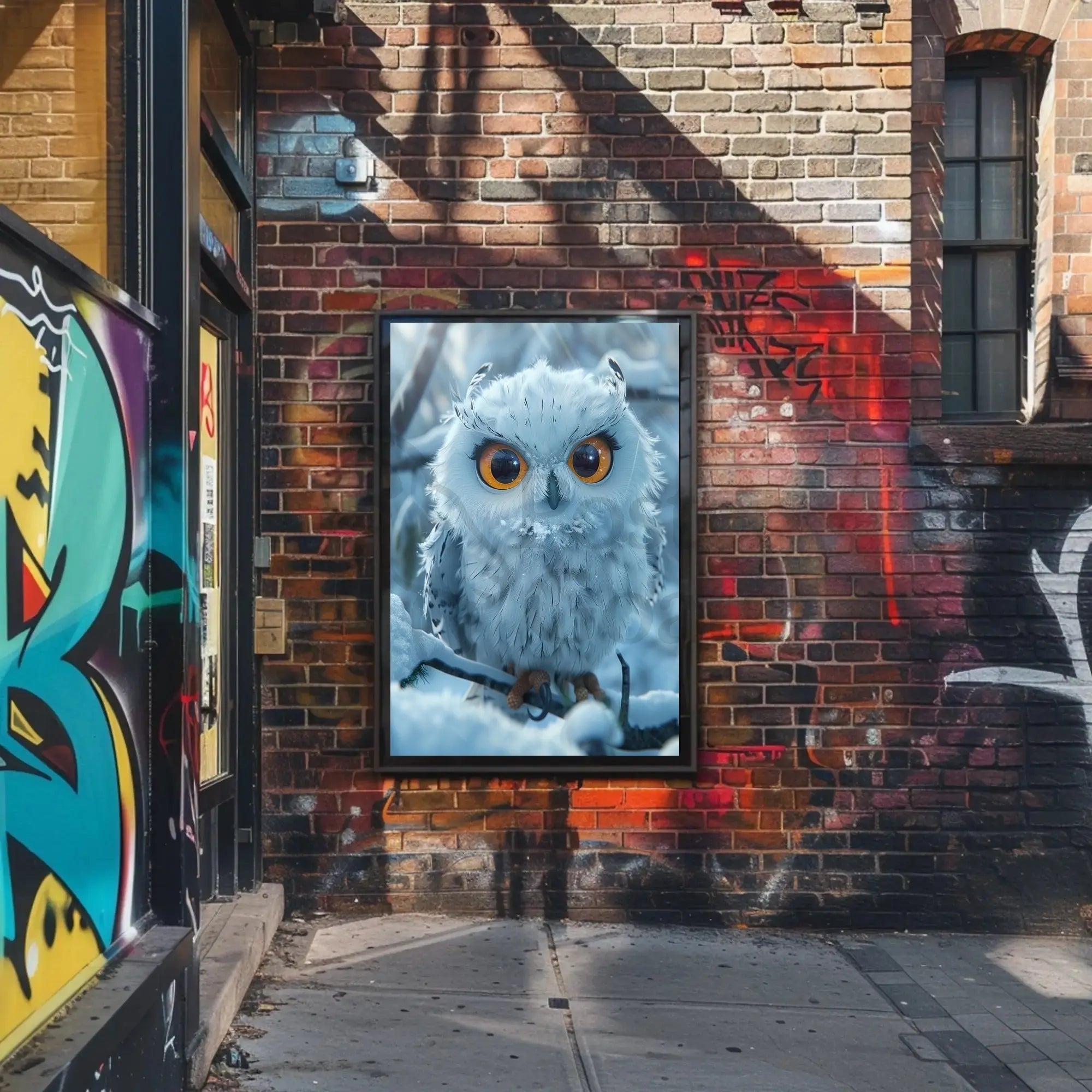 Stylized Snowy Owl on Branch Winter Animal Poster PosterGoat