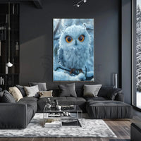 Stylized Snowy Owl on Branch Winter Animal Poster PosterGoat