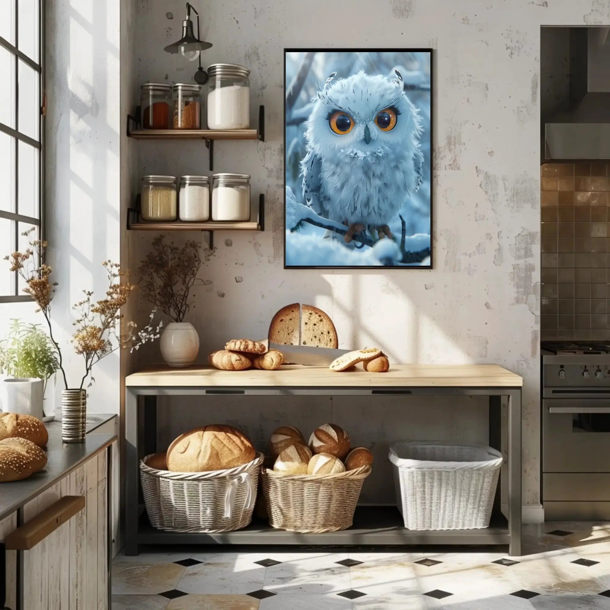 Stylized Snowy Owl on Branch Winter Animal Poster PosterGoat