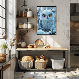 Stylized Snowy Owl on Branch Winter Animal Poster PosterGoat