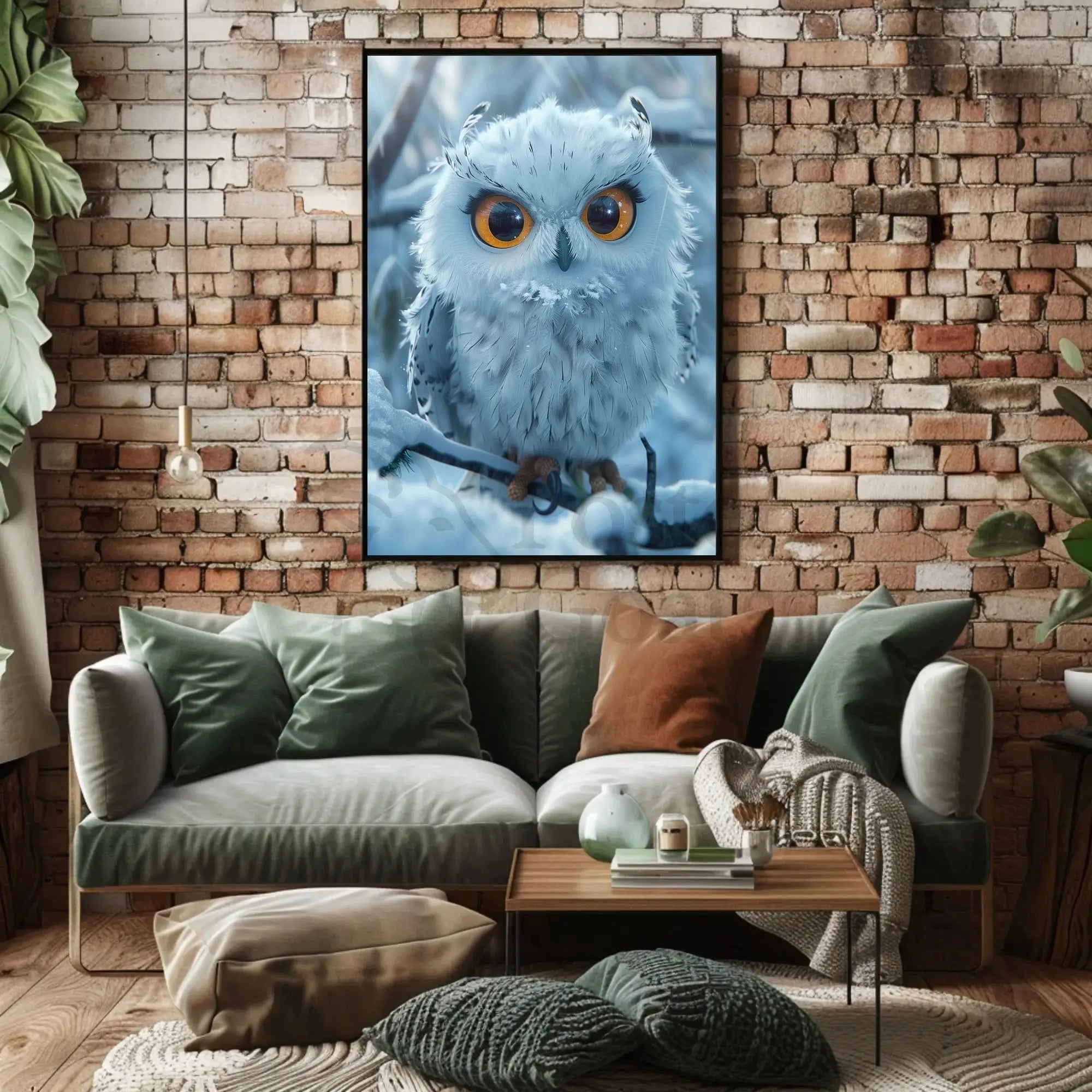 Stylized Snowy Owl on Branch Winter Animal Poster PosterGoat